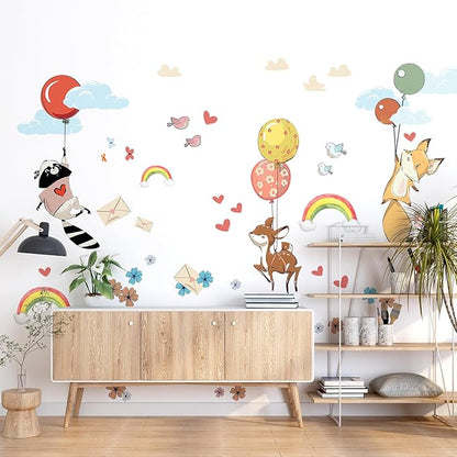 Hot Air Balloon Wall Decals for Kids by Lipastick –Cartoon Animals Wall Decals for Girls Boys Kids Baby - Animal Wall Stickers for Nursery Room Bedroom - Raccoon Fox Koala Panda S Size