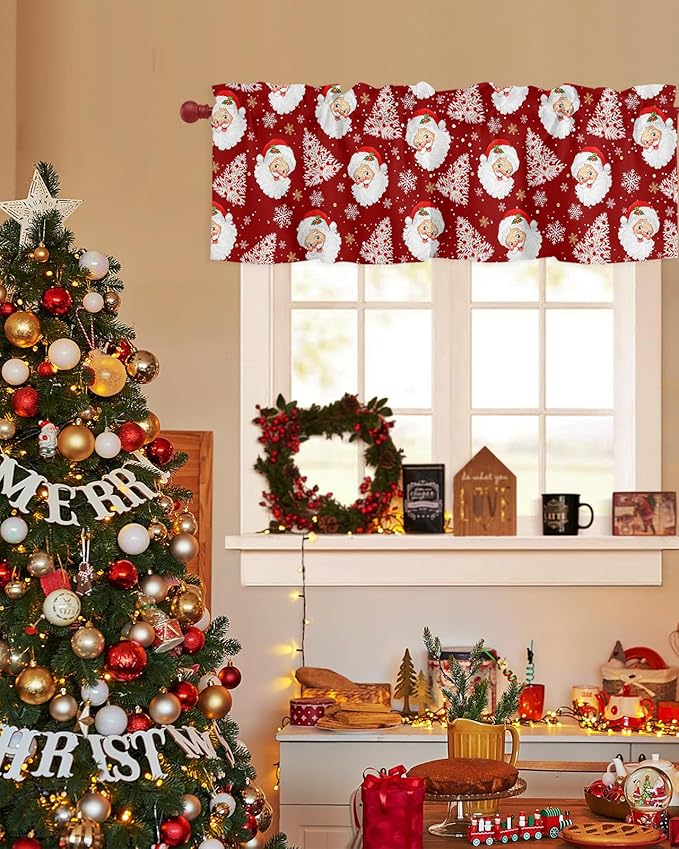 Red Christmas Valance Curtains for Kitchen Windows Santa Claus Merry Christmas Tree Rod Pocket Window Treatment Toppers for Kitchen/Living Room/Bedroom/Bathroom, 42" X 12", Winter Snowflake