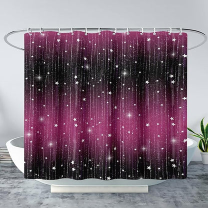 AILONEN White Star Shower Curtain,Dreamy Starry Sky Bathroom Fabric Shower Curtain for Girls Boys Kids Teens, 60" W*72" H Black and Purple Theme Bathroom Decor