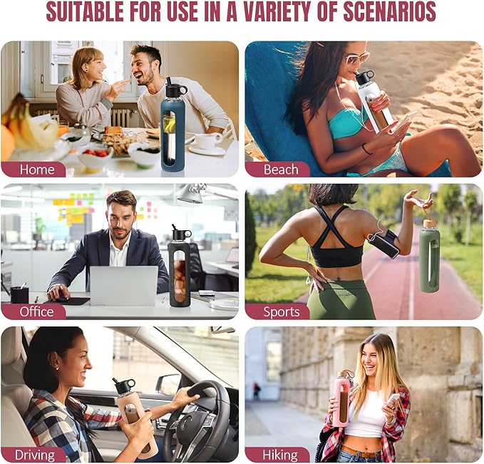 32oz Glass Water Bottle With 2 Lids-Flip Straw Lid, Bamboo Lid, Glass Water Bottle With Silicone Sleeve, Motivational Time Marker, Glass Juice Bottle for Cold Drink,Pink