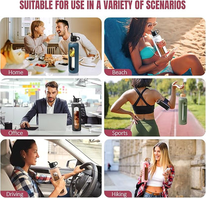 32oz Glass Water Bottle With 2 Lids-Flip Straw Lid, Bamboo Lid, Glass Water Bottle With Silicone Sleeve, Motivational Time Marker, Glass Juice Bottle for Cold Drink,Pink