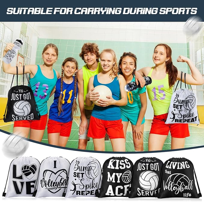 24 Pcs 24 oz Volleyball Water Bottle Bulk and Drawstring Bag Set 12 Reusable Plastic Biking Water Bottle Tumbler 12 Sport Gym Goodie Gift Bag for Party Favor (Black)