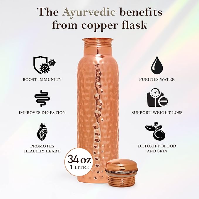 Eunoia Copper Water Bottle with Lid 32 oz, Handmade Ayurvedic Copper Bottle Water Vessel, Gym Water Bottle for Sports Exercise Yoga Fitness, Hammered Natural