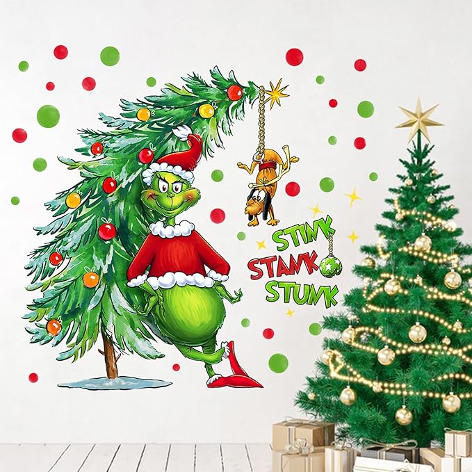 Yovkky Merry Christmas Wall Decals Stickers, Xmas Tree Max Dog 2025 New Year Bedroom Decor Home Kitchen Decorations, Winter Holiday Red Green Polka Dots Farmhouse Living Room Art Kids Boys Girls Gift
