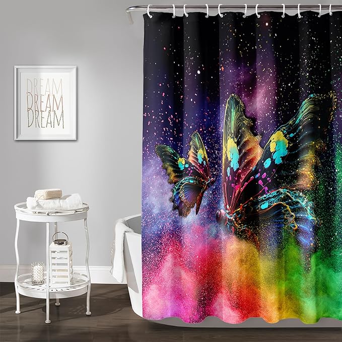 AILONEN Butterfly Shower Curtain for Bathroom, Rainbow Butterfly Bath Curtain,Modern 3D Printed Waterproof Tie Dye Shower Curtain with 12 Plastic Hooks (Kids/Girls/Women/Teen/) 72" W*96" H