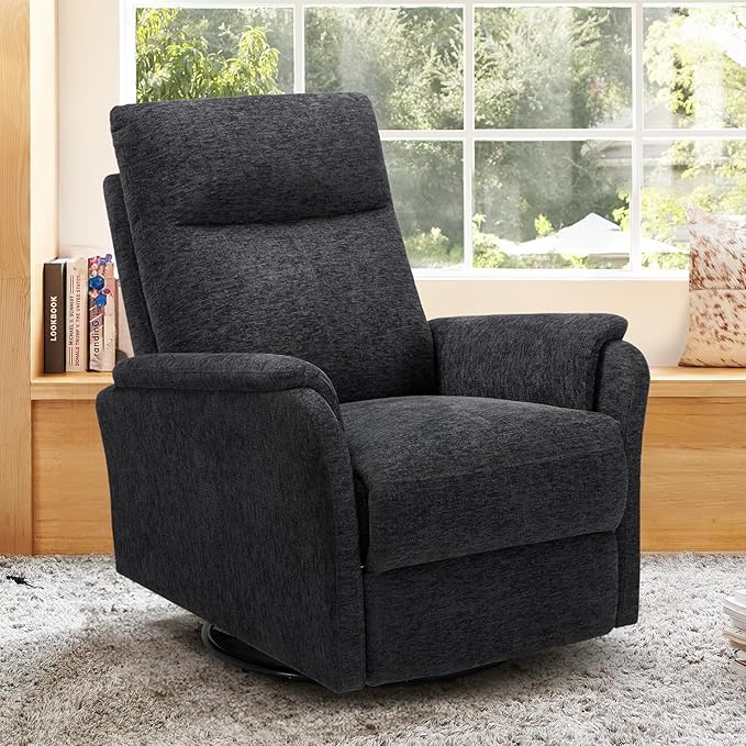 Swivel Rocking Recliner Glider Chair, Upholstered Fabric Reclining Rocker Chair with Footrest for Living Room, Nursery, Bedroom, Ergonomic High Backrest, Wide Seat Cushion and Metal Base-Darkgrey