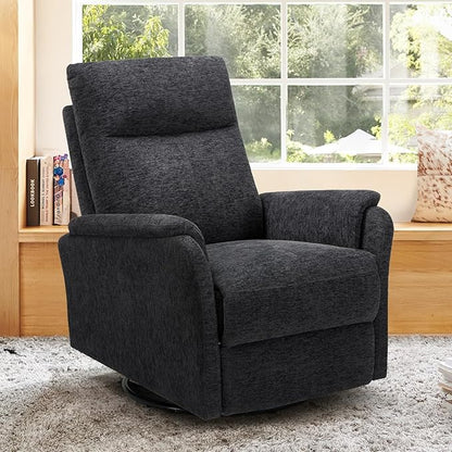 Swivel Rocking Recliner Glider Chair, Upholstered Fabric Reclining Rocker Chair with Footrest for Living Room, Nursery, Bedroom, Ergonomic High Backrest, Wide Seat Cushion and Metal Base-Darkgrey