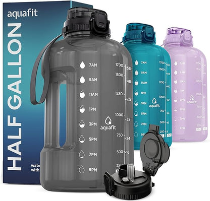 AQUAFIT 64 oz Water Bottle with Time Marker - BPA Free Half Gallon Water Bottle with Straw - Gym Water Bottle with Handle, Gallon Water Jug, Big Water Bottle, Large Water Bottle (Gray, 2in1 Lid)