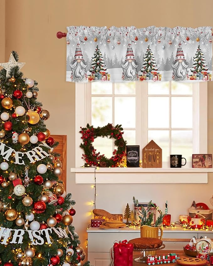 Christmas Gnome Valance Curtains for Kitchen Windows Winter Merry Christmas Tree Balls Rod Pocket Window Treatment Toppers for Kitchen/Living Room/Bedroom/Bathroom, 60" X 18", Grey