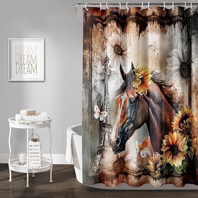 AILONEN Horse Shower Curtain,Sunflower Eiffel Tower Horse Bath Curtain,Retro Horse Polyester Waterproof with 12 Plastic Hooks 72" W*72" H