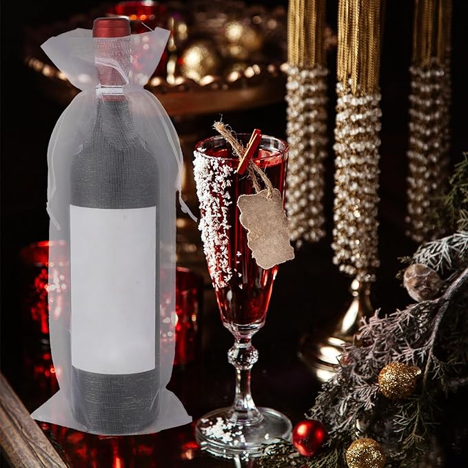 Trinkrittey 30 Pcs Organza Wine Bags 14.6" x5.5" White Organza Wine Bags Wine Bottle Gift Bags with Drawstrings Sheer Mesh Wine Gift Pouches for Wedding Festival Party Birthday
