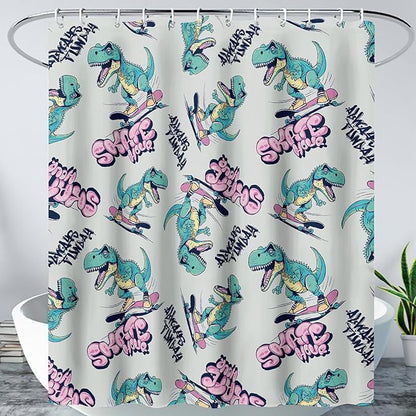 AILONEN Cute Dinosaur Kids Shower Curtain,Sport Cool Dinosaur Bath Curtain Gifts for Boys Teens,Skate Dinosaur Polyester Waterproof for Bathroom with 12 Plastic Hooks 36" W*72" H