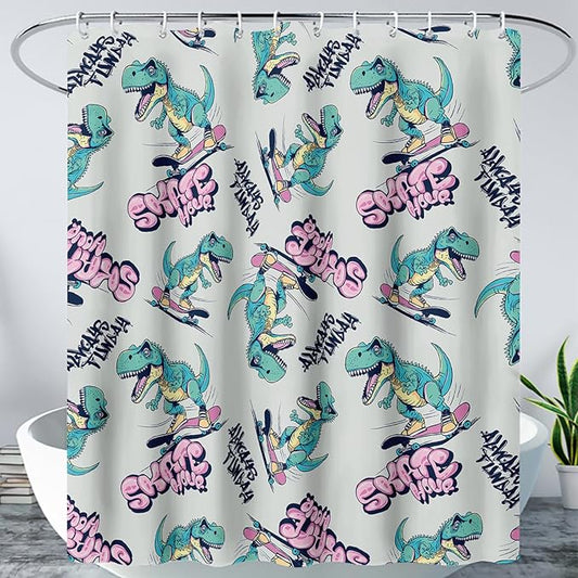 AILONEN Cute Dinosaur Kids Shower Curtain,Sport Cool Dinosaur Bath Curtain Gifts for Boys Teens,Skate Dinosaur Polyester Waterproof for Bathroom with 12 Plastic Hooks 72" W*72" H