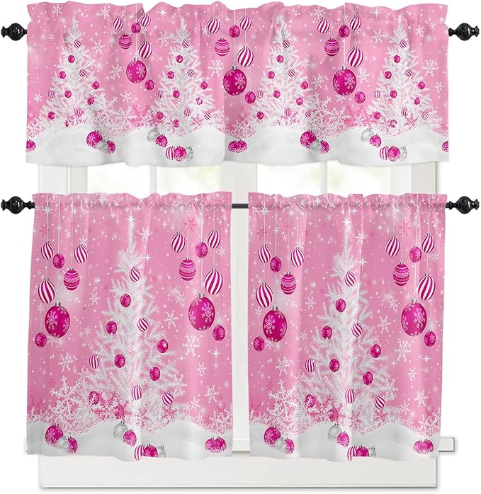 Pink Christmas Kitchen Curtains and Valances Set, White Xmas Tree Snowflakes Pink Balls Windows Treatments Tiers Half/Short Curtains for Small Windows Cafe /Living Room/ Bedroom 54x36 in Winter