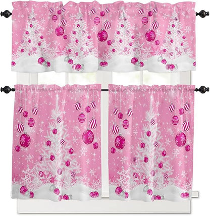 Pink Christmas Kitchen Curtains and Valances Set, White Xmas Tree Snowflakes Pink Balls Windows Treatments Tiers Half/Short Curtains for Small Windows Cafe /Living Room/ Bedroom 54x36 in Winter