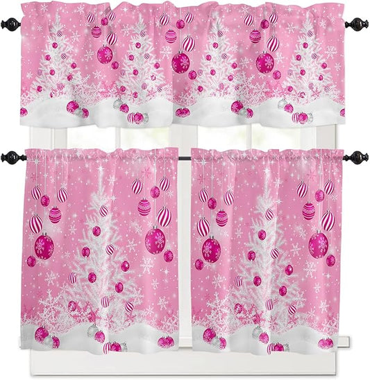 Pink Christmas Kitchen Curtains and Valances Set, White Xmas Tree Snowflakes Pink Balls Windows Treatments Tiers Half/Short Curtains for Small Windows Cafe /Living Room/ Bedroom 54x36 in Winter
