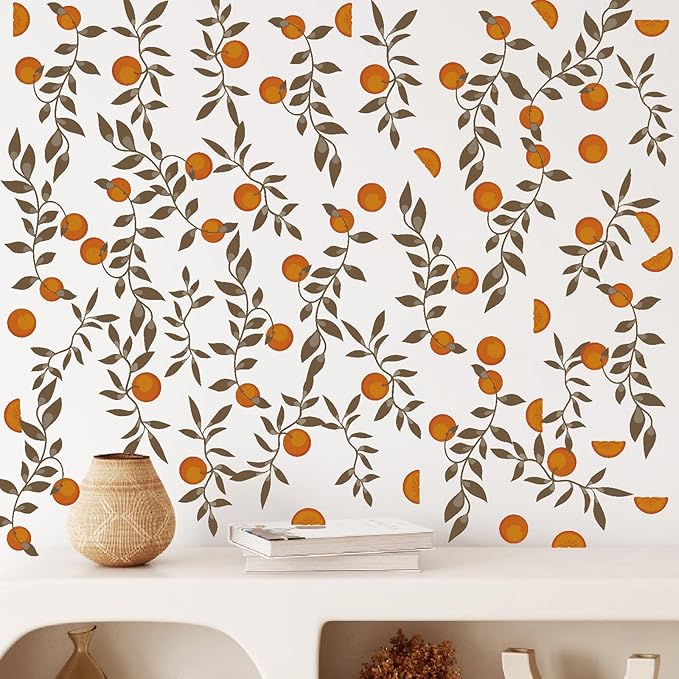 Orange Leaf Wall Stickers Boho Fruit Leaf Wall Stickers Removable Botanical Vintage Fruit Wall Decals Citrus Green Leaves Orange Wall Stickers for Nursery Kids Room Bedroom Kitchen Decor