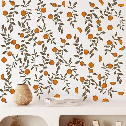 Orange Leaf Wall Stickers Boho Fruit Leaf Wall Stickers Removable Botanical Vintage Fruit Wall Decals Citrus Green Leaves Orange Wall Stickers for Nursery Kids Room Bedroom Kitchen Decor