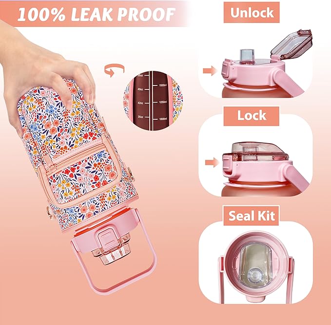 64 oz Water Bottle with Straw Sleeve & Strap Motivational Half Gallon Water Jug with Handle for Gym Women Men Aesthetic Water Bottle with Strap Floral