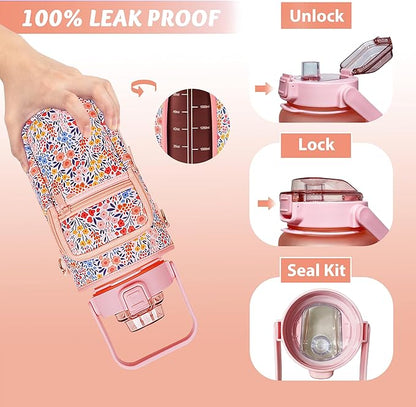 64 oz Water Bottle with Straw Sleeve & Strap Motivational Half Gallon Water Jug with Handle for Gym Women Men Aesthetic Water Bottle with Strap Floral