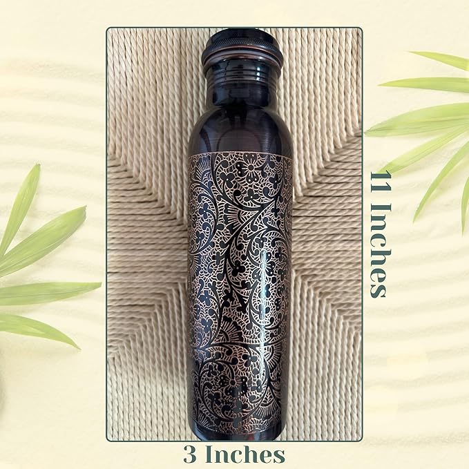 Kandisa Antique Etched Copper Water Bottle with a Canvas Bag | 32oz Pure Copper Water Bottle For Drinking | Anti Slip Bottom | Handcrafted by Artisans | Sustainable & Eco-friendly