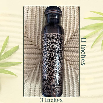 Kandisa Antique Etched Copper Water Bottle with a Canvas Bag | 32oz Pure Copper Water Bottle For Drinking | Anti Slip Bottom | Handcrafted by Artisans | Sustainable & Eco-friendly