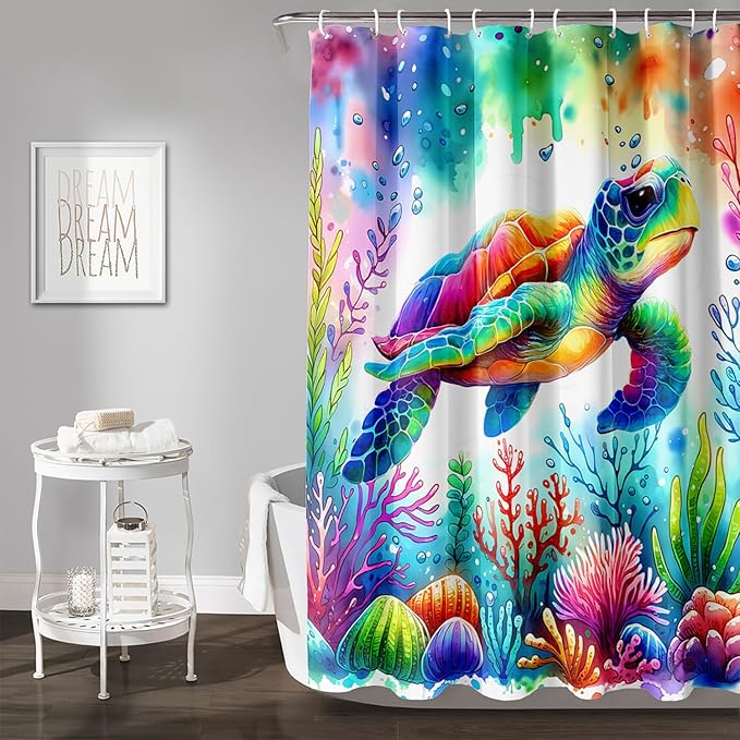 AILONEN Colorful Sea Turtle Shower Curtain, Cartoon Ocean Theme World Cloth Bath Curtain for Bathroom,Watercolor Underwater Waterproof Fabric Shower Curtain Set with Hooks,60" Wx72 H