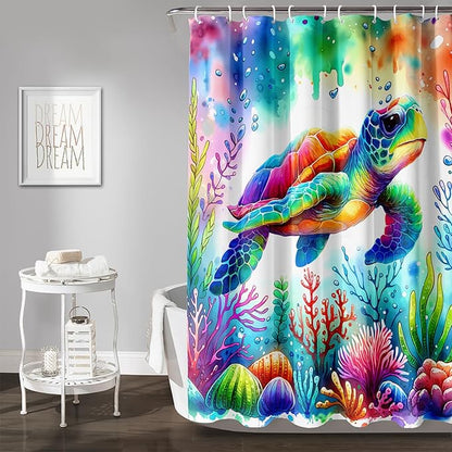 AILONEN Colorful Sea Turtle Shower Curtain, Cartoon Ocean Theme World Cloth Bath Curtain for Bathroom,Watercolor Underwater Waterproof Fabric Shower Curtain Set with Hooks,60" Wx72 H