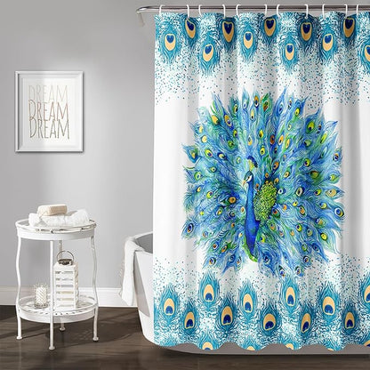 AILONEN Peacock Shower Curtain for Girls,Beautiful Green Peacock Bath Curtain for Kids Women,Peacock Feather Print Waterproof Shower Curtain for Bathroom Decor with 12 Plastic Hooks, 72" W*78" H