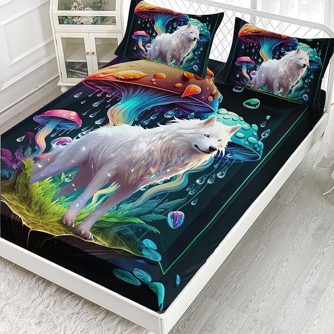AILONEN White Wolf Fitted Sheet Set Twin XL Size, Cartoon Mushroom and Cute Wolf Bed Sheet Set,3 Pieces Rain Mushroom Fitted Sheet with 2 Pillowcases for Boys Girls