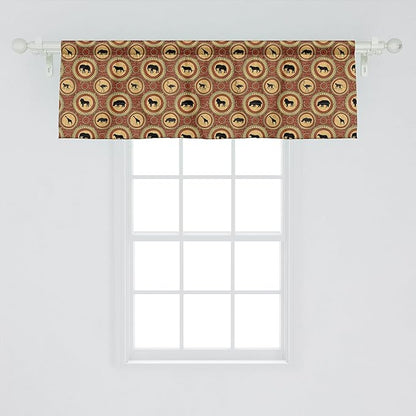 Ambesonne Savannah Window Valance, Medallion Pattern of Monkey Giraffe Lion African Inspired Ethnic Design, Curtain Valance for Kitchen Bedroom Decor with Rod Pocket, 42" x 18", Mustard and Brown