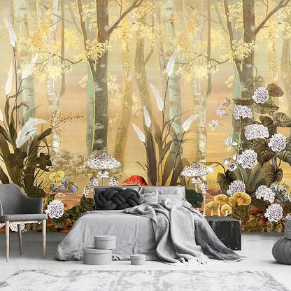 White and Gold Retro Mushroom Forest Mural Wallpaper Plant for Bedroom (Not Peel and Stick)