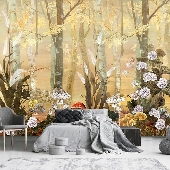 White and Gold Retro Mushroom Forest Mural Wallpaper Plant for Bedroom (Not Peel and Stick)