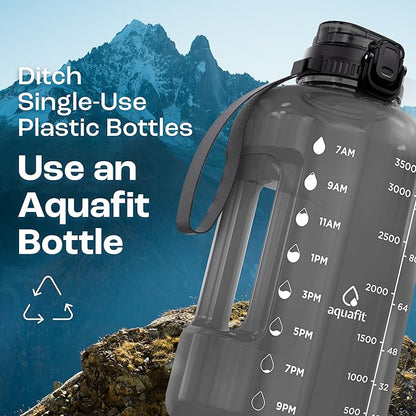 AQUAFIT 1 Gallon Water Bottle with Time Marker - BPA Free 128 oz Water Bottle with Straw, Gym Water Bottle with Handle, 1 Gallon Water Jug, Big Water Bottle, Large Water Bottle (Aqua)