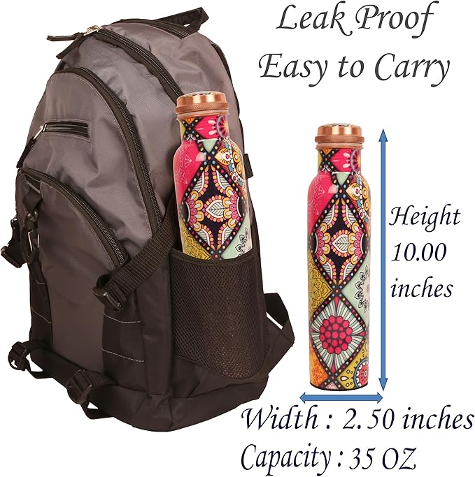 Pure Copper Water Bottle - Handcrafted - Ayurveda health benefits - Large 35 oz - Leak proof - Easy to carry for Sports, Fitness, Yoga, School - Artistic Floral Petals Multicolor Enamel