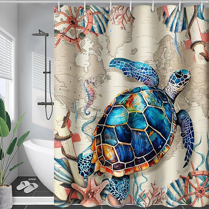 AILONEN Sea Turtle Shower Curtain, Retro World Map Voyage Coast Ocean Bath Curtain,Sea Turtle Bathroom Curtain Decor,Boys Adults Polyester Waterproof 60" W*72" H Shower Curtain (12 Hooks)