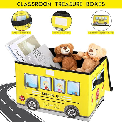4 Pcs Prize Box for Classroom, School Bus Treasure Box Kids Foldable Chest Storage Box Kids Toy Chest with Lid Treasure Storage Organizer Bin for Kids Teachers Toy Prizes Awards for Students