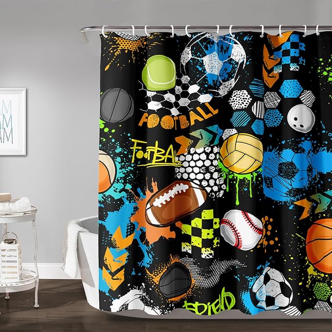 AILONEN Graffiti Sport Shower Curtain,Boys Graffiti Basketball Football Baseball Rugby Sport Bath Curtain Minimalist Bathroom Curtain 36" W*72" H Polyester Waterproof Bathroom Curtain with 12 Hooks