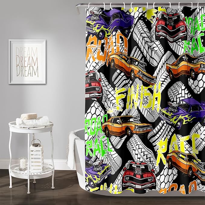 AILONEN Racing Car Shower Curtain for Bathroom Decor,Cool Racer Bath Curtain for Kids Boys Teens,Graffiti Printed Curtain Waterproof with 12 Plastic Hooks, 48" W x 72" H