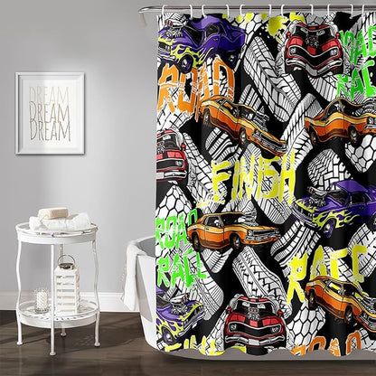 AILONEN Racing Car Shower Curtain for Bathroom Decor,Cool Racer Bath Curtain for Kids Boys Teens,Graffiti Printed Curtain Waterproof with 12 Plastic Hooks, 72" W x 72" H