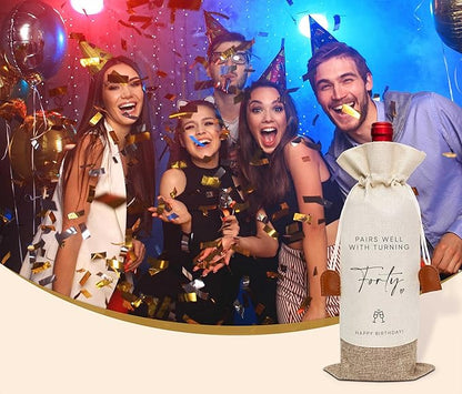 40th Birthday Wine Bag, Cotton Linen Wine Gift Bag With Drawstring, Wine Champagne Bottle Gift Bag, Forty Years Old Birthday Gifts Wine Bag for Woman Man, 40th Birthday Party Favors-5