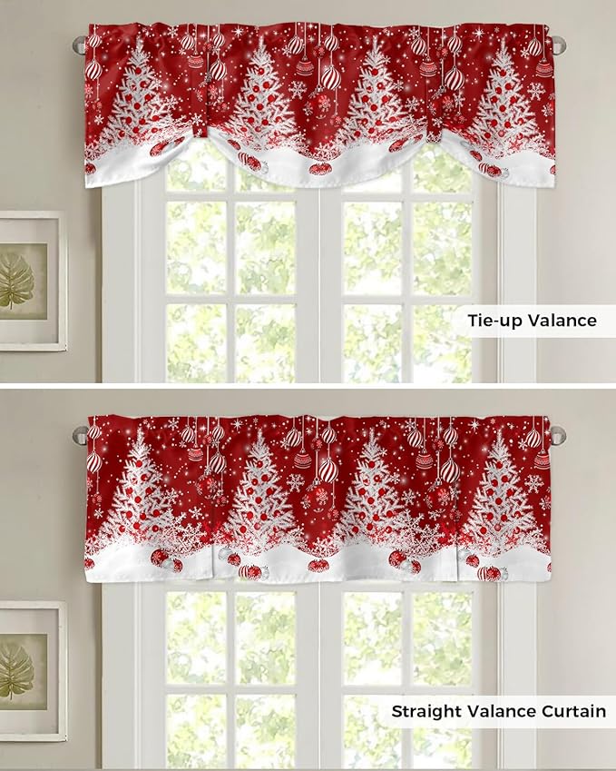 Red Christmas Blackout Tie Up Valance Curtains for Kitchen Windows White Xmas Tree Snowflakes Red Balls Window Toppers Balloon Shades for Living Room/Bathroom/Bedroom,1 Panel, 54" X 18", Winter