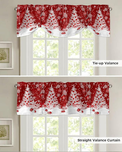 Red Christmas Blackout Tie Up Valance Curtains for Kitchen Windows White Xmas Tree Snowflakes Red Balls Window Toppers Balloon Shades for Living Room/Bathroom/Bedroom,1 Panel, 54" X 18", Winter