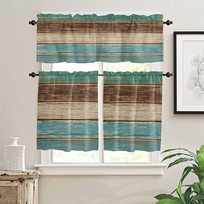 Kitchen Curtains and Valances Set,Rustic Farmhouse Window Treatments Tiers Retro Wood Teal Green Brown Semi Sheer Half/Short Curtains for Small Windows Cafe /Living Room/ Bedroom 54x36 in, 3-Piece