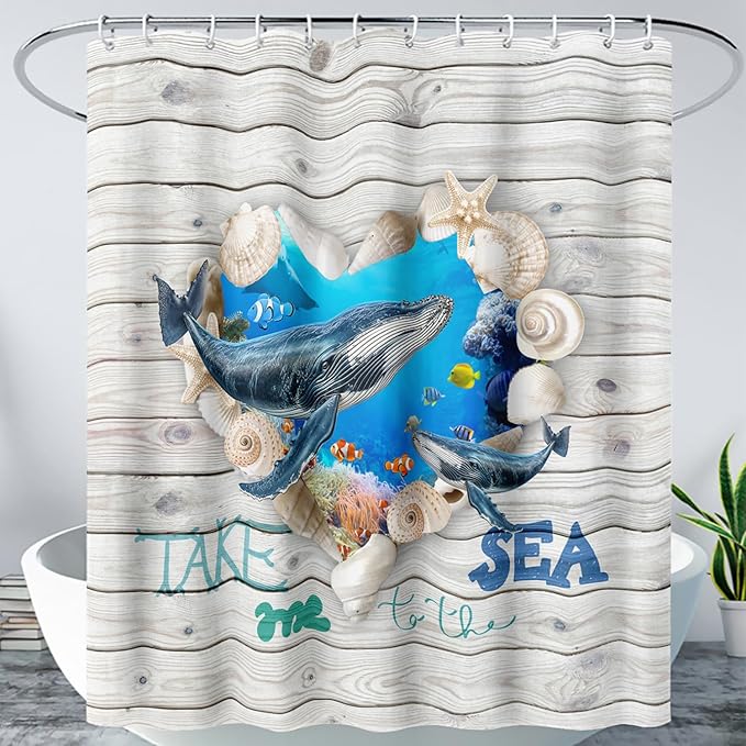 AILONEN 3D Printed Whale Shower Curtain, Ocean Sea Animal Wooden Style Bathroom Curtain,Shell Coast Whale Bath Curtain,72" W*96" H Polyester Waterproof Bathroom Curtain with 12 Hooks