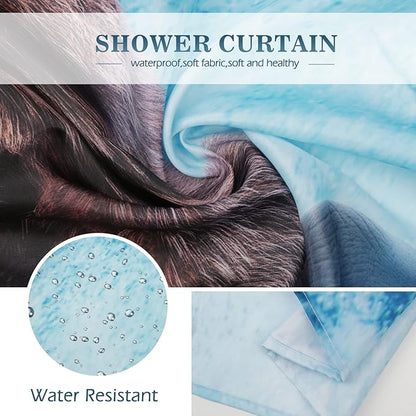 Aimego Stall Small Shower Curtain - Funny Bear Riding Shark in Ocean Wave Fun Cool Crazy Narrow Half Fabric Cloth Bath Shower Curtain Set for Adults Bathroom Decor Accessories, 36"x72", Blue Brown