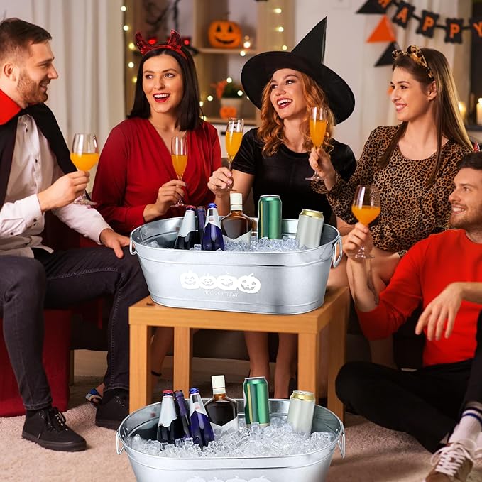 2 Pcs Halloween Pumpkin 5.5 Gallons Galvanized Beverage Stainless Steel Ice Buckets Tubs with Handles, Large Drink Wine Cooler Bins for Parties Farmhouse Garden Bar Christmas(Trick or Treat)