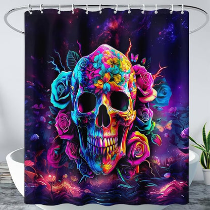 AILONEN Sugar Skull Shower Curtain for Bathroom,Romantic Rose Flower Skull Bath Curtain Decoration,Colorful Skeleton Print Waterproof Purple Curtain with 12 Plastic Hooks, 72" W*72" H