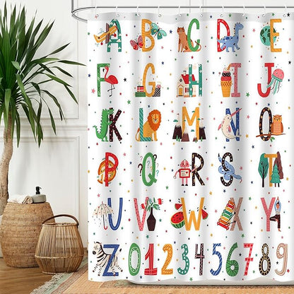 Aperturee Alphabet ABC Learning Shower Curtain for Kids Bathroom Animals Kids ABC Figure Educational Tool Cartoon Animals Girls Boys Colorful Decorative Bath Curtain with 12 Hooks,72x72 Inch