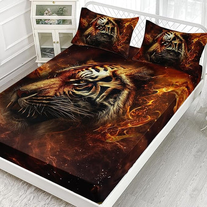 AILONEN Tiger Fitted Sheet Set Twin Size, 3D Fire Animal Tiger Bed Sheet Wildlife Sheet Set,Teen Boys 3 Pieces Printed Safari Tiger Fitted Sheet with 2 Pillowcases